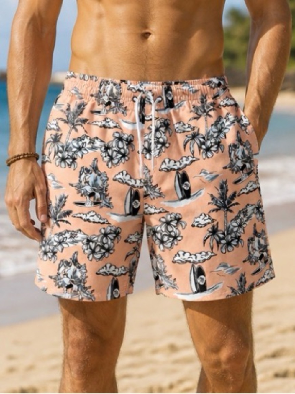 -Trunks Surf & Swim Peach w/ tropical Vibes Lined 3 Pocket Hybrid Men's Medium
